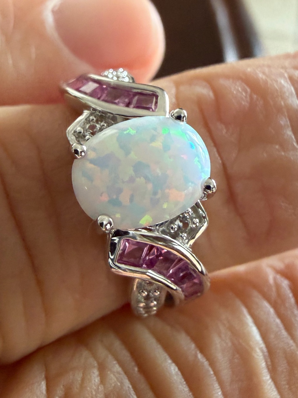 Natural Opal and Pink Sapphire Sterling Silver Ring With Diamond Accents Size 7